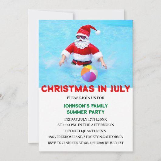 Invitation Noël En Juillet Piscine D'Été (Devant)
