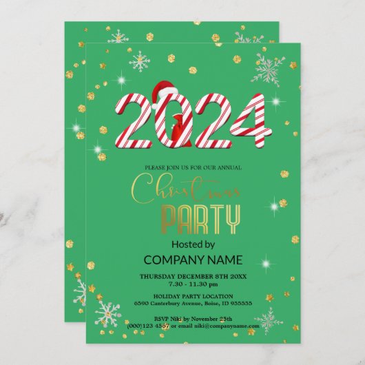 Invitation Noël et 2024 rouge, diamant flocon de neige, vert (Devant / Derrière)