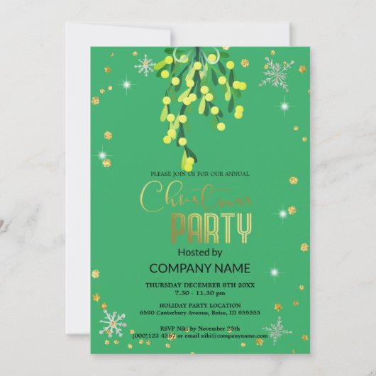 Invitation Noël et gui vert, flocons de neige diamants (Devant)