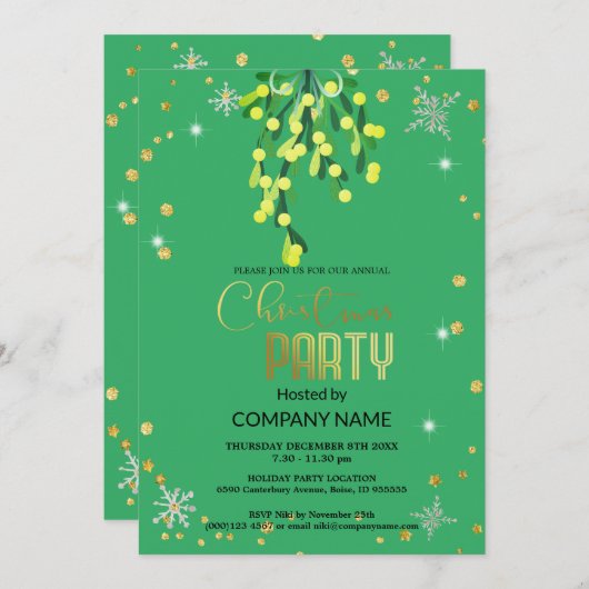 Invitation Noël et Mistletoe vert, diamants de flocon de neig (Devant / Derrière)
