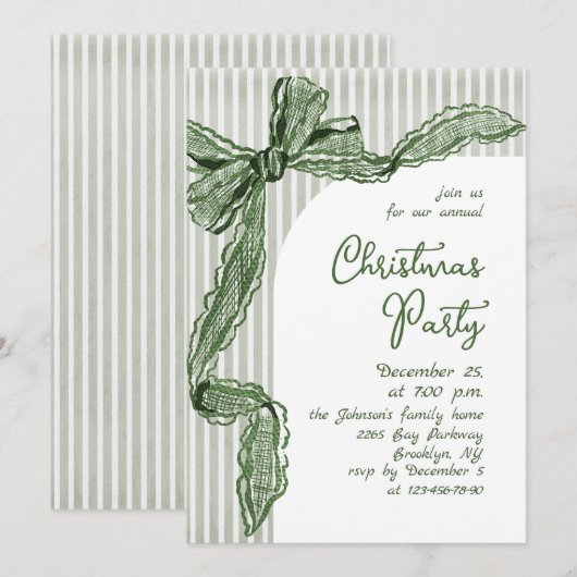 Invitation Noël Fantaisiste Vert Bow Party de Fêtes (Devant / Derrière)
