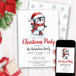 Invitation Noël festif du Patineur de glace de pingouin migno<br><div class="desc">Créez d'élégantes invitations à la fête de Noël avec un patineur de pingouin joyeux dans un chapeau de Père Noël rouge, foulard et patins à silhouette. Cet invitation festif de Noël do-it-yourself est conçu sur un arrière - plan blanc et l'arrière est décoré de flocons bleus. Le modèle permet de...</div>