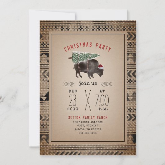 Invitation Noël fête Buffalo Bison Tree Père Noël Burlap (Devant)