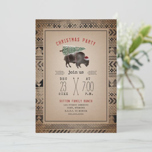 Invitation Noël fête Buffalo Bison Tree Père Noël Burlap (Debout devant)