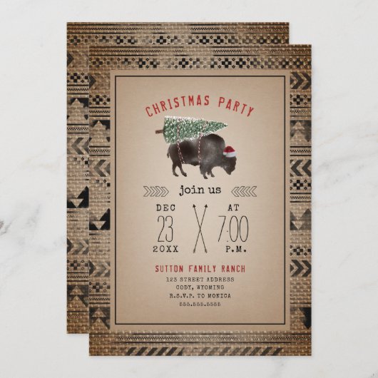 Invitation Noël fête Buffalo Bison Tree Père Noël Burlap (Devant / Derrière)