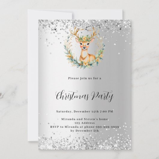 Invitation Noël fête cerf vert argent nordic (Devant)