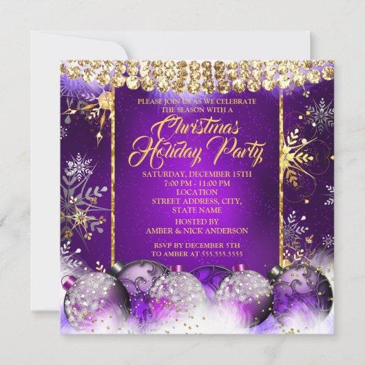 Invitation Noël Fête de l'or pourpre Bauble Neige (Devant)