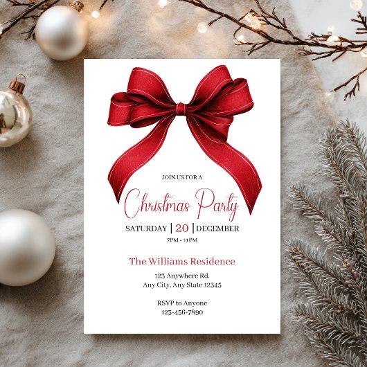 Invitation Noël Fête Élégante Ruban Rouge