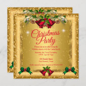 Invitation Noël Fête Gold Red Parties scintillant 2 (Devant / Derrière)
