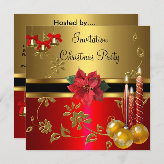 Invitation Noël Fête Gold Red Xmas (Devant / Derrière)