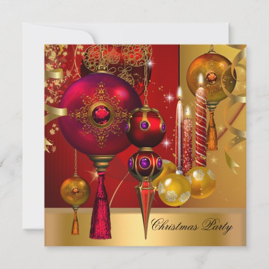 Invitation Noël Fête Gold Red Xmas Balls (Devant)