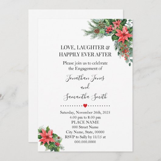 Invitation Noël Fête Poinsettia Fiançailles Mariage (Devant / Derrière)