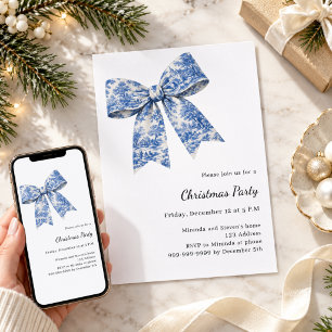 Invitation Noël fête ruban bleu blanc toile de Jouy française