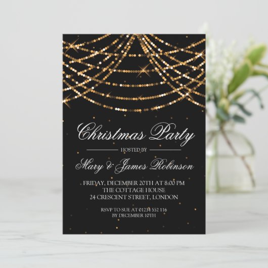 Invitation Noël Fête String Lights or (Debout devant)