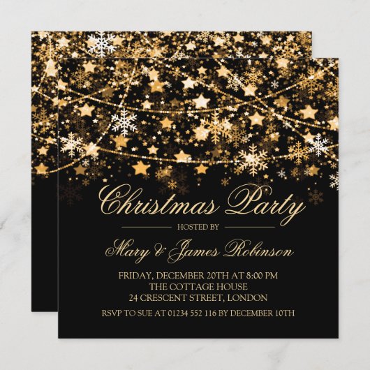 Invitation Noël Fête String Lights or (Devant / Derrière)