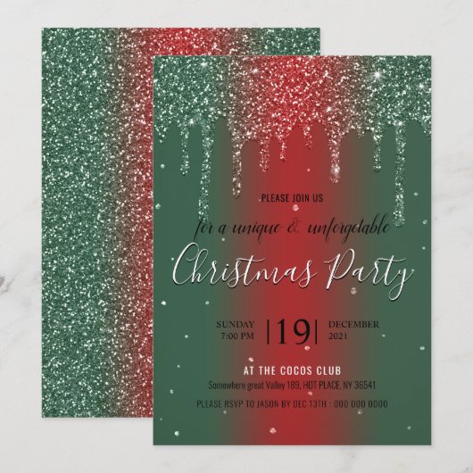 Invitation Noël fête verte rouge parties scintillant invitati (Devant / Derrière)