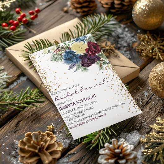 Invitation Noël Floral Mariage d'hiver Brunch Gold