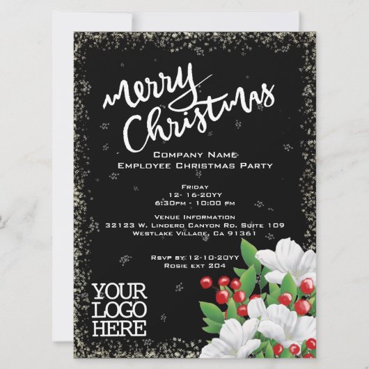 Invitation Noël Floral Noir Élégant |Baies de neige Blanche (Devant)