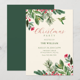 Invitation Noël floral vert rouge