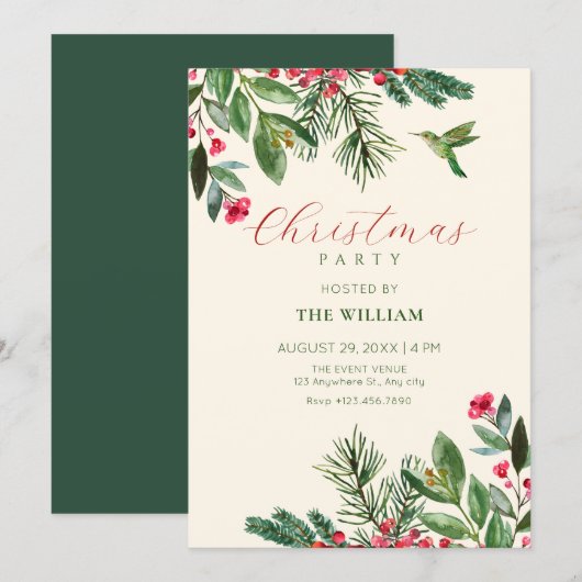Invitation Noël floral vert rouge (Devant / Derrière)