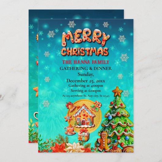 Invitation Noël Gingerbread Candy House et Nouvel An en (Devant / Derrière)