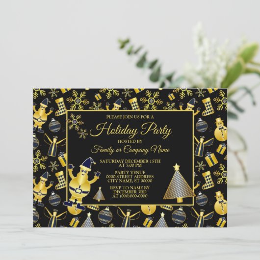 Invitation Noël Gold Père Noël Snowman Stocking Motif cadeau (Debout devant)