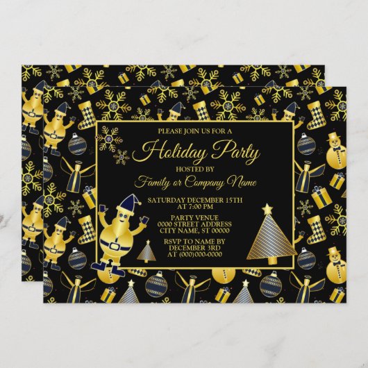 Invitation Noël Gold Père Noël Snowman Stocking Motif cadeau (Devant / Derrière)