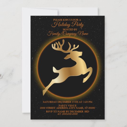 Invitation Noël Golden Reindeer Black Fête des Fêtes (Devant)