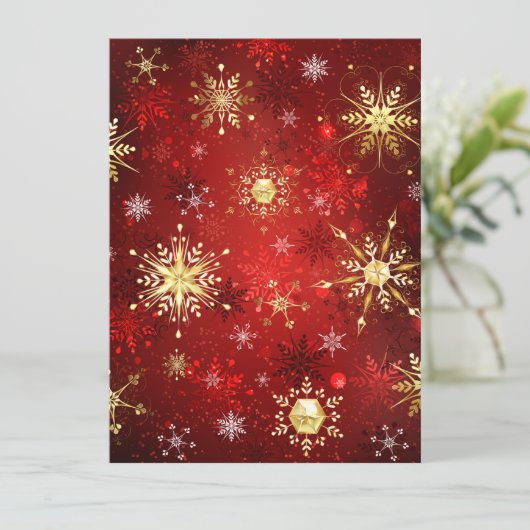 Invitation Noël Golden Snowflakes sur Arrière - plan rouge (Debout devant)