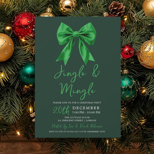Invitation Noël Green Jingle & Mingle Bow Vert Fête
