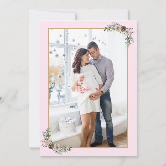 Invitation Noël Grossesse fille rose moderne photo florale (Devant)