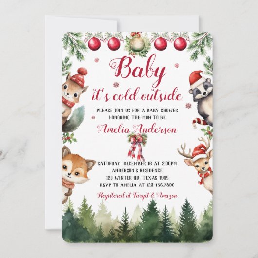 Invitation Noël Hiver Baby shower des animaux de bois (Devant)