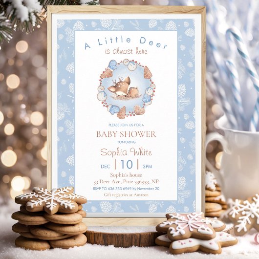Invitation Noël Hiver Blue Deer Pine Cone Baby shower