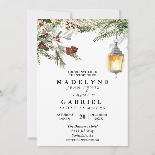 Invitation Noël Hiver Élégant Pine Drop Mariage (Devant)
