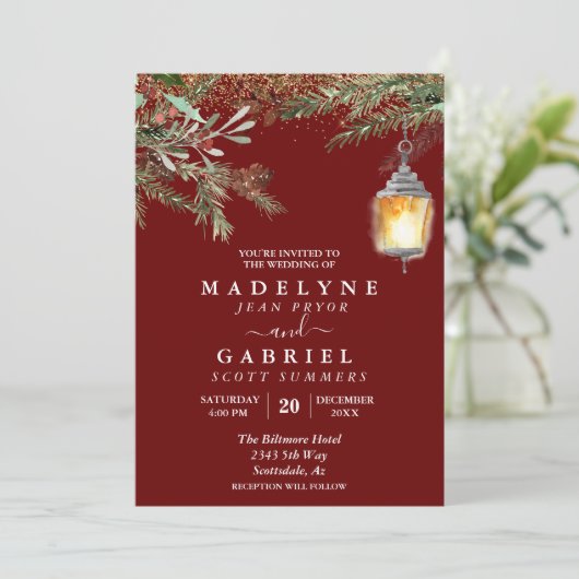 Invitation Noël Hiver Élégant Pine Drop Mariage (Debout devant)