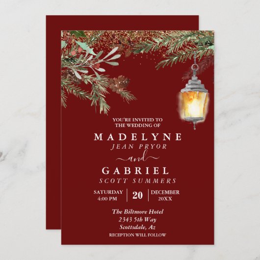 Invitation Noël Hiver Élégant Pine Drop Mariage (Devant / Derrière)