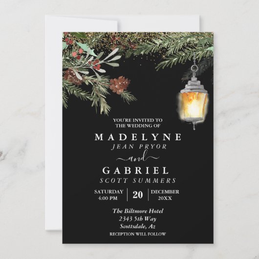 Invitation Noël Hiver Élégant Pine Drop Mariage (Devant)