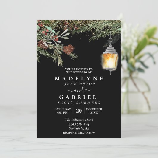Invitation Noël Hiver Élégant Pine Drop Mariage (Debout devant)
