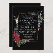 Invitation Noël Hiver Élégant Poinsettia Mariage noir (Devant / Derrière)