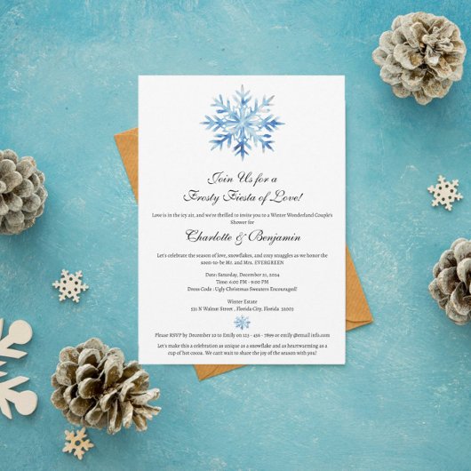 Invitation Noël Hiver Flocon de neige bleu Couple Douche