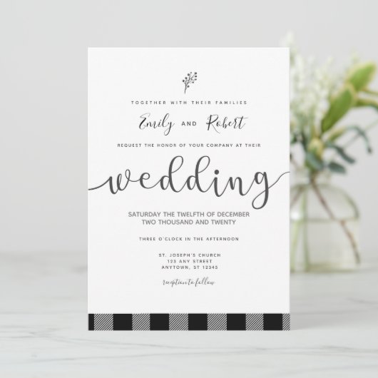 Invitation Noël hiver noir blanc Buffalo Plaid Mariage (Debout devant)