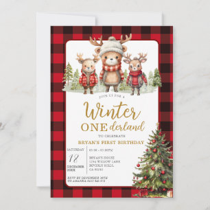 Invitation Noël hiver Onederland Animal Anniversaire Plaid