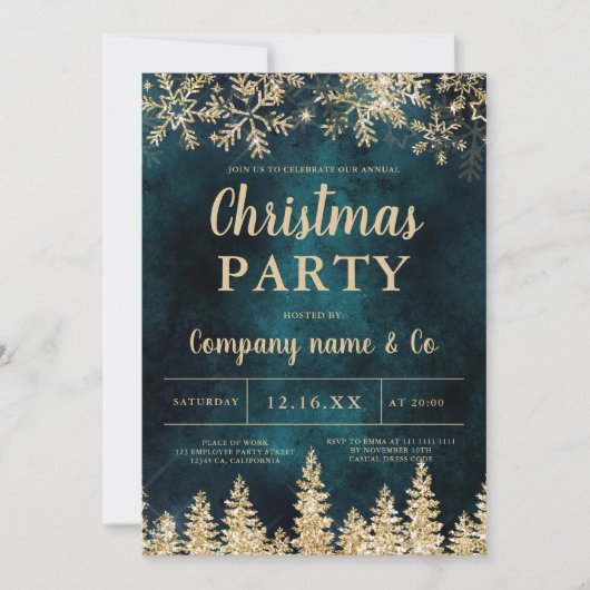 Invitation Noël hiver or neige pin vert (Devant)