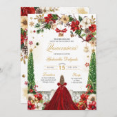 Invitation Noël hiver Poinsettia Rouge or Quinceanera (Devant / Derrière)