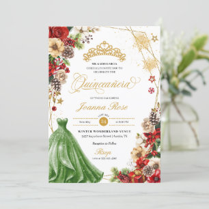 Invitation Noël hiver Rouge et or Poinsettia Quinceanera