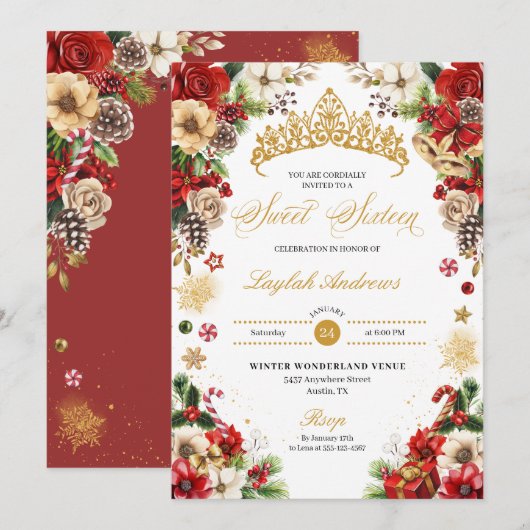Invitation Noël hiver Rouge & Or Poinsettia Sweet 16 (Devant / Derrière)