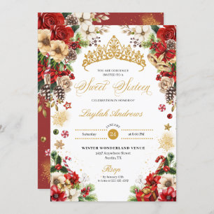 Invitation Noël hiver Rouge & Or Poinsettia Sweet 16