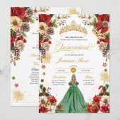 Invitation Noël hiver Rouge vert Poinsettia Quinceanera (Devant / Derrière)