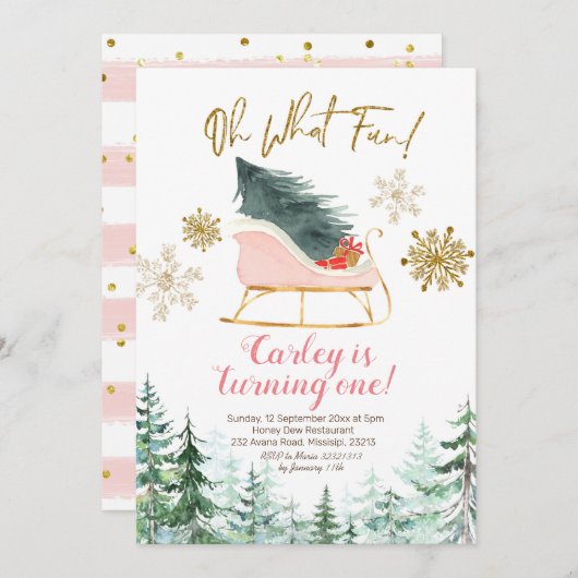 Invitation Noël Hiver Sleigh Oh Quel Amusement Premier Annive (Devant / Derrière)