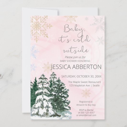 Invitation Noël hiver verdure baby shower rose (Devant)